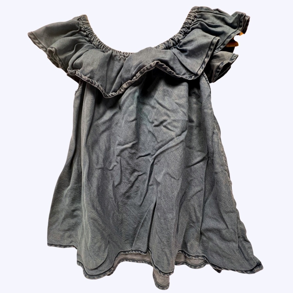 Blue Chambray Tencel Ruffle Off the Shoulder Top Small Velvet Heart VTT-2344V